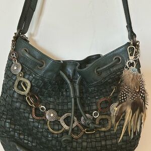 Woven Drawstring Satchel in Dark Green with Decorative Chain